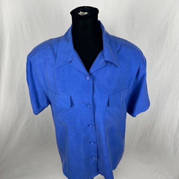 Vintage Peter Martin 100% Silk Vibrant Blue Safari Button Down Blouse - Picture 4 of 6